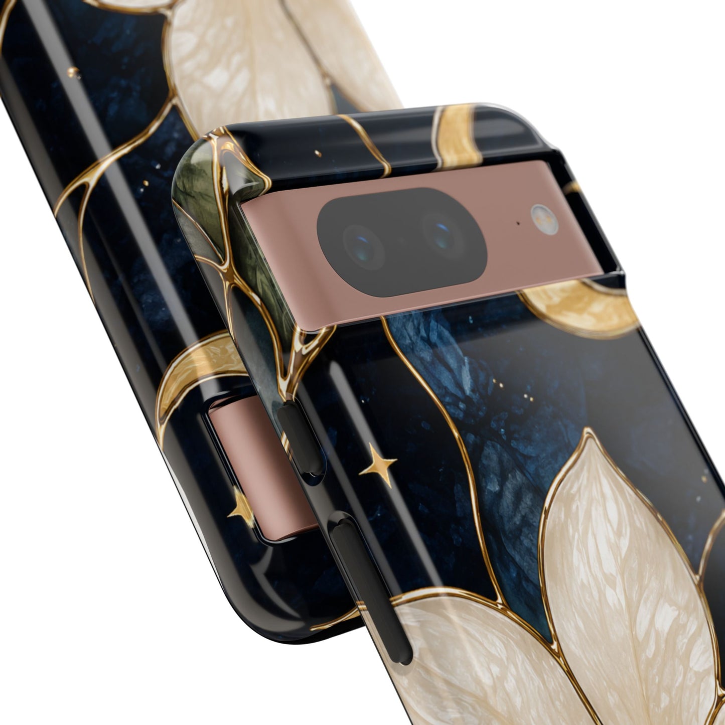 Midnight Blooms Floral Moon Tough Phone Case — Gold Crescent & White Blossom on Navy