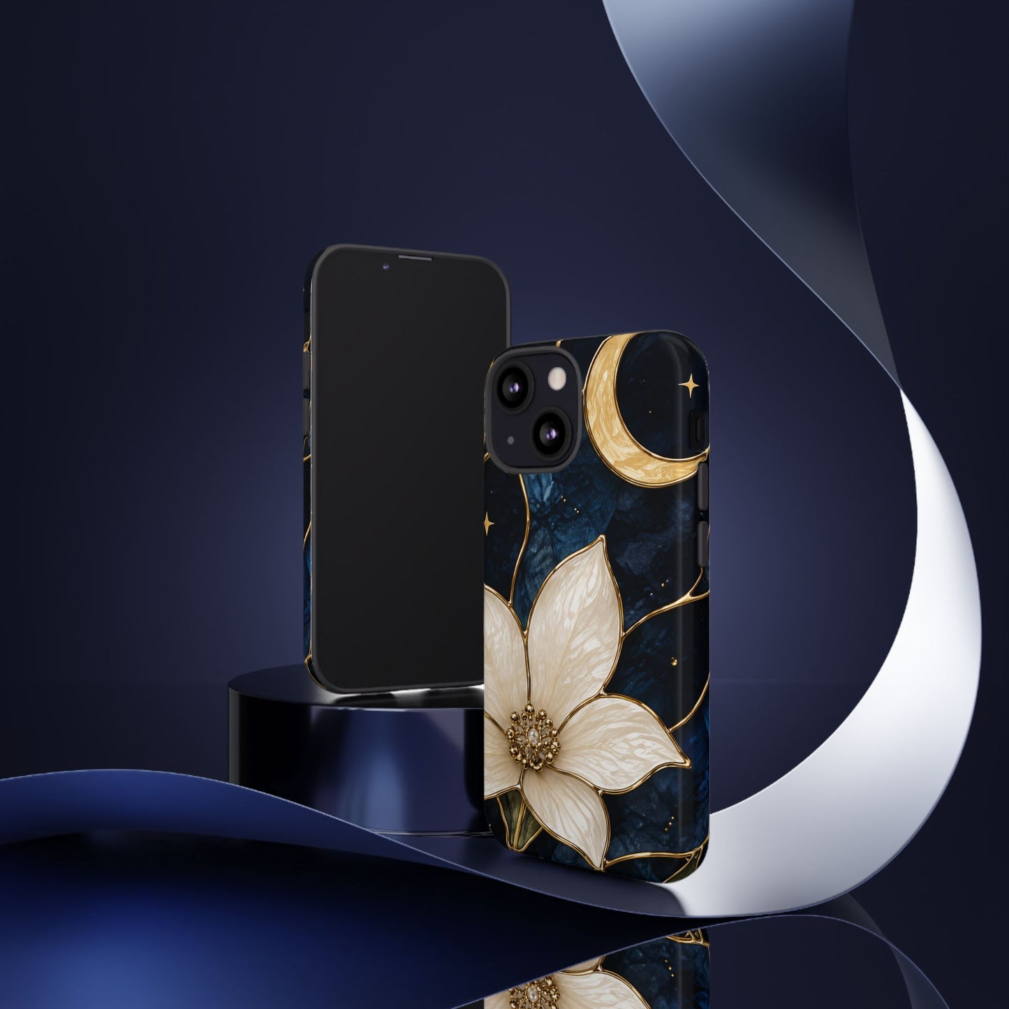 Midnight Blooms Floral Moon Tough Phone Case — Gold Crescent & White Blossom on Navy