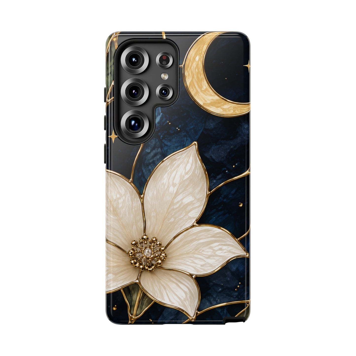 Midnight Blooms Floral Moon Tough Phone Case — Gold Crescent & White Blossom on Navy