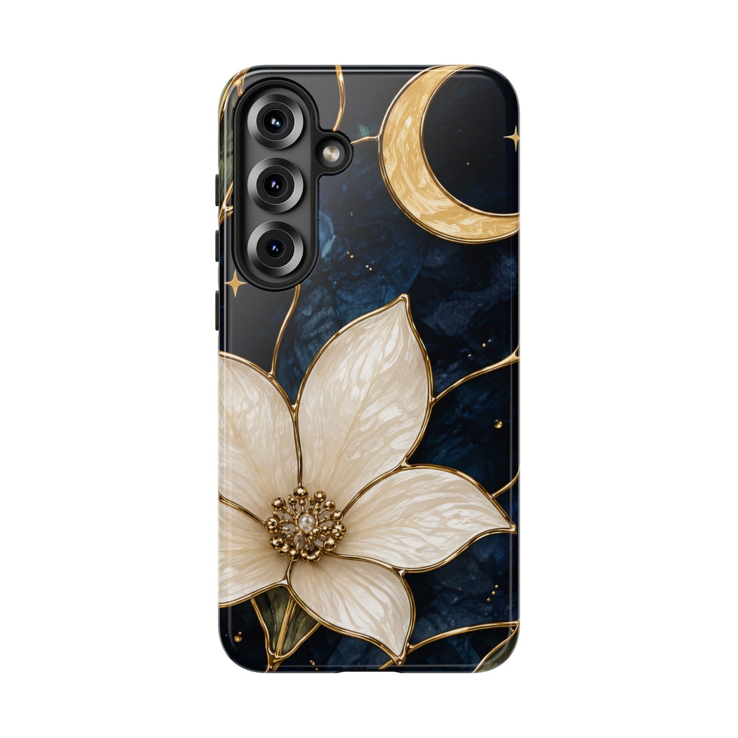 Midnight Blooms Floral Moon Tough Phone Case — Gold Crescent & White Blossom on Navy