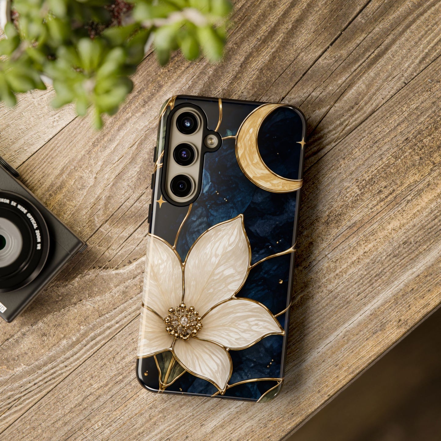 Midnight Blooms Floral Moon Tough Phone Case — Gold Crescent & White Blossom on Navy